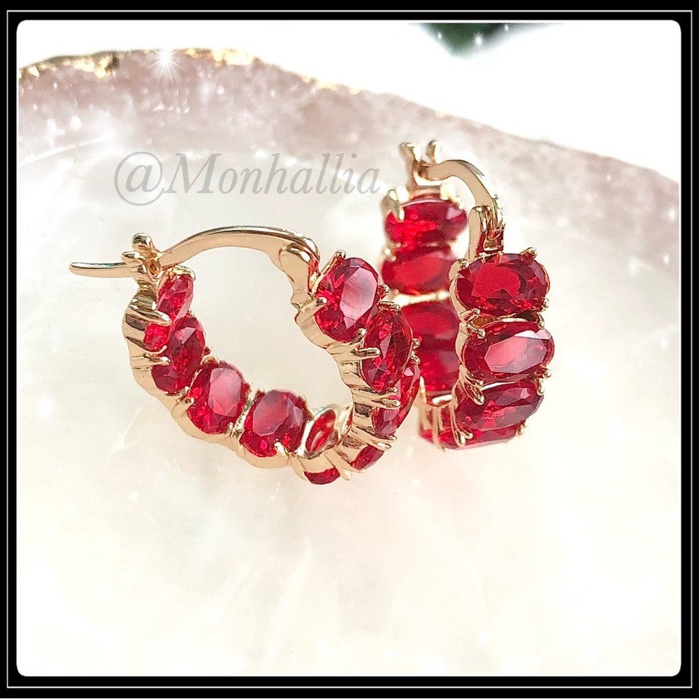 New Deep Red Ruby Stone Gold Round Huggie Earrings - Picture 3 of 6
